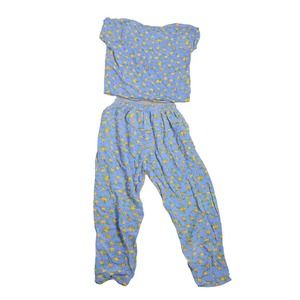 Vintage 90s light blue and yellow floral print top and pants set M